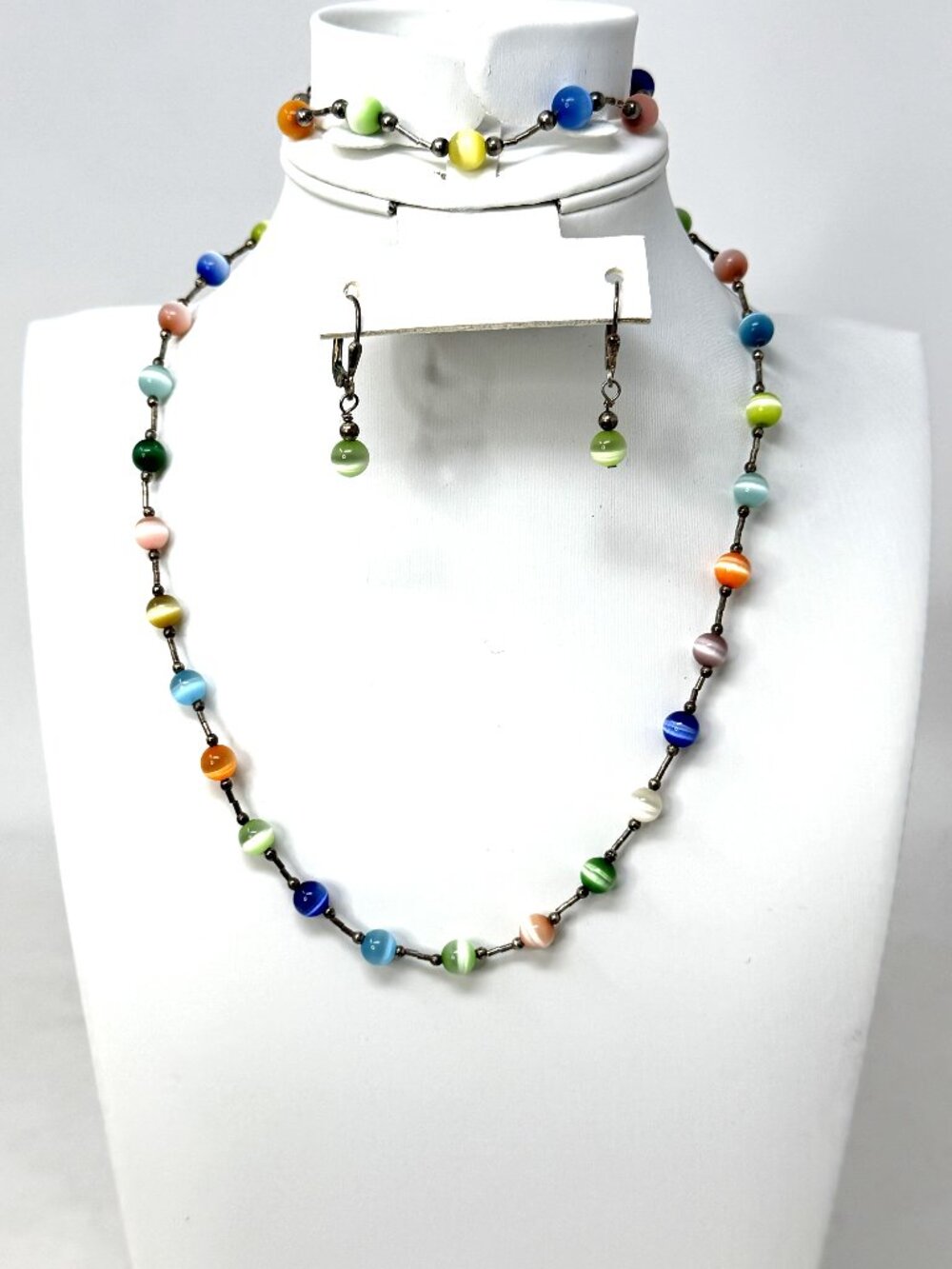 3 pcs Cat's Eye Bead Necklace Earrings Bracelet Set .925 Liquid Sterling Silver